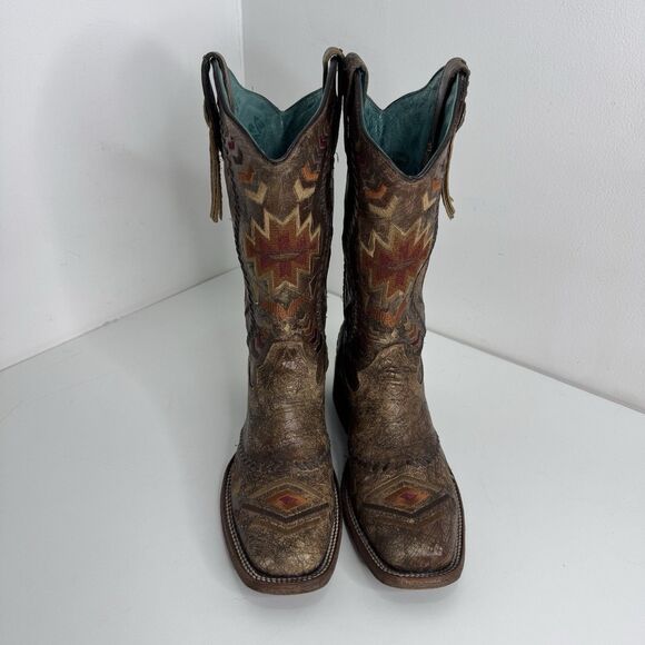 Corral Vintage Western Women Cowboy Boots Size 6.5M Aztec Embroidered Square Toe main image 1
